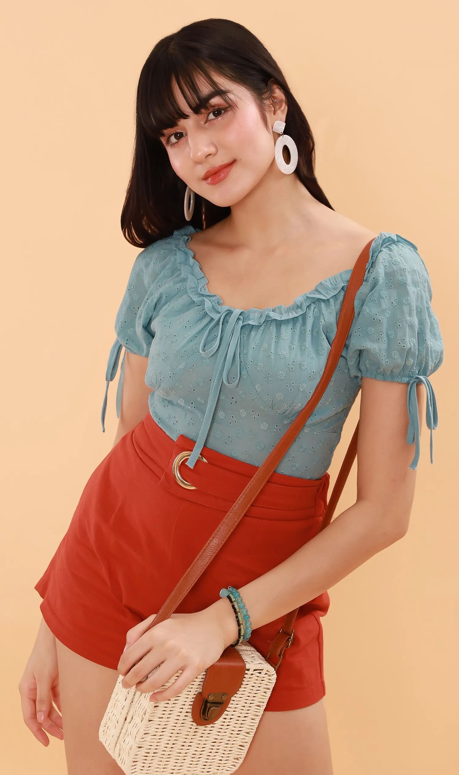 ELOISE Puff-Sleeve Eyelet Top (Ocean Blue)