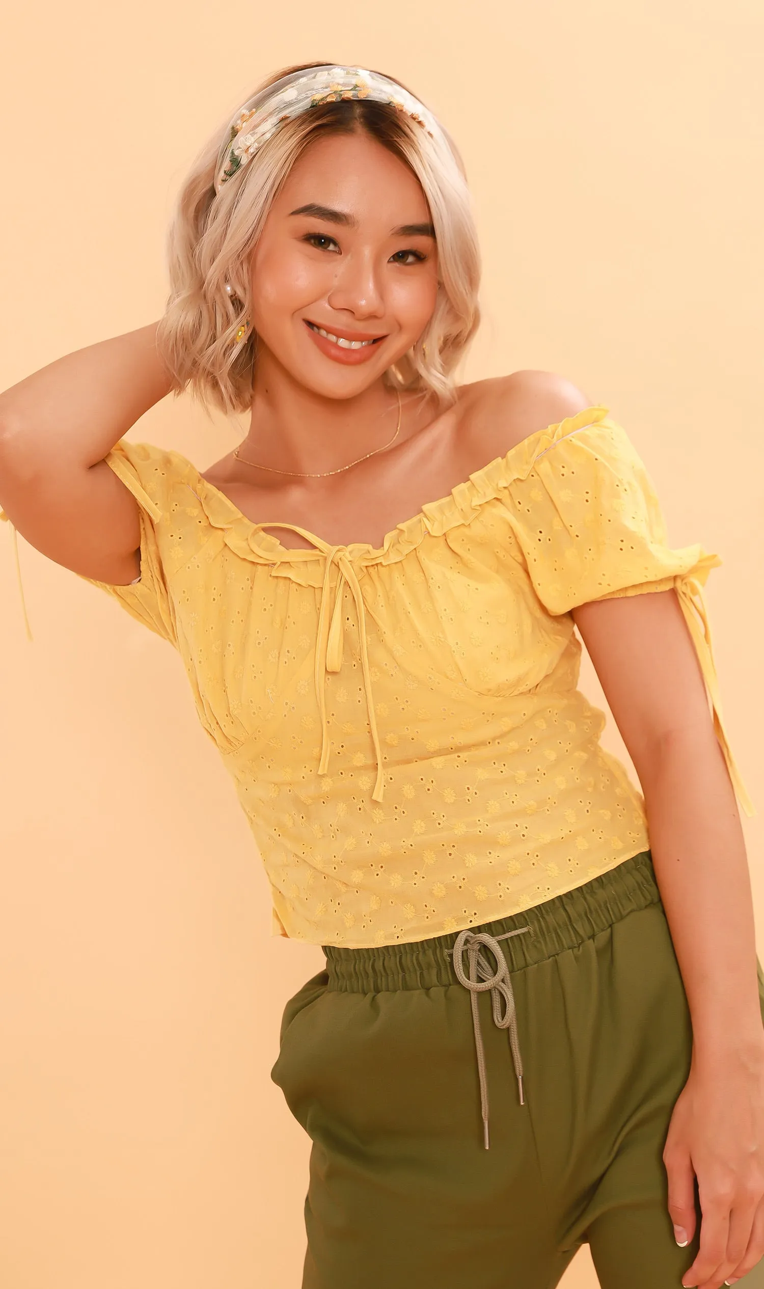 ELOISE Puff-Sleeve Eyelet Top (Yellow)