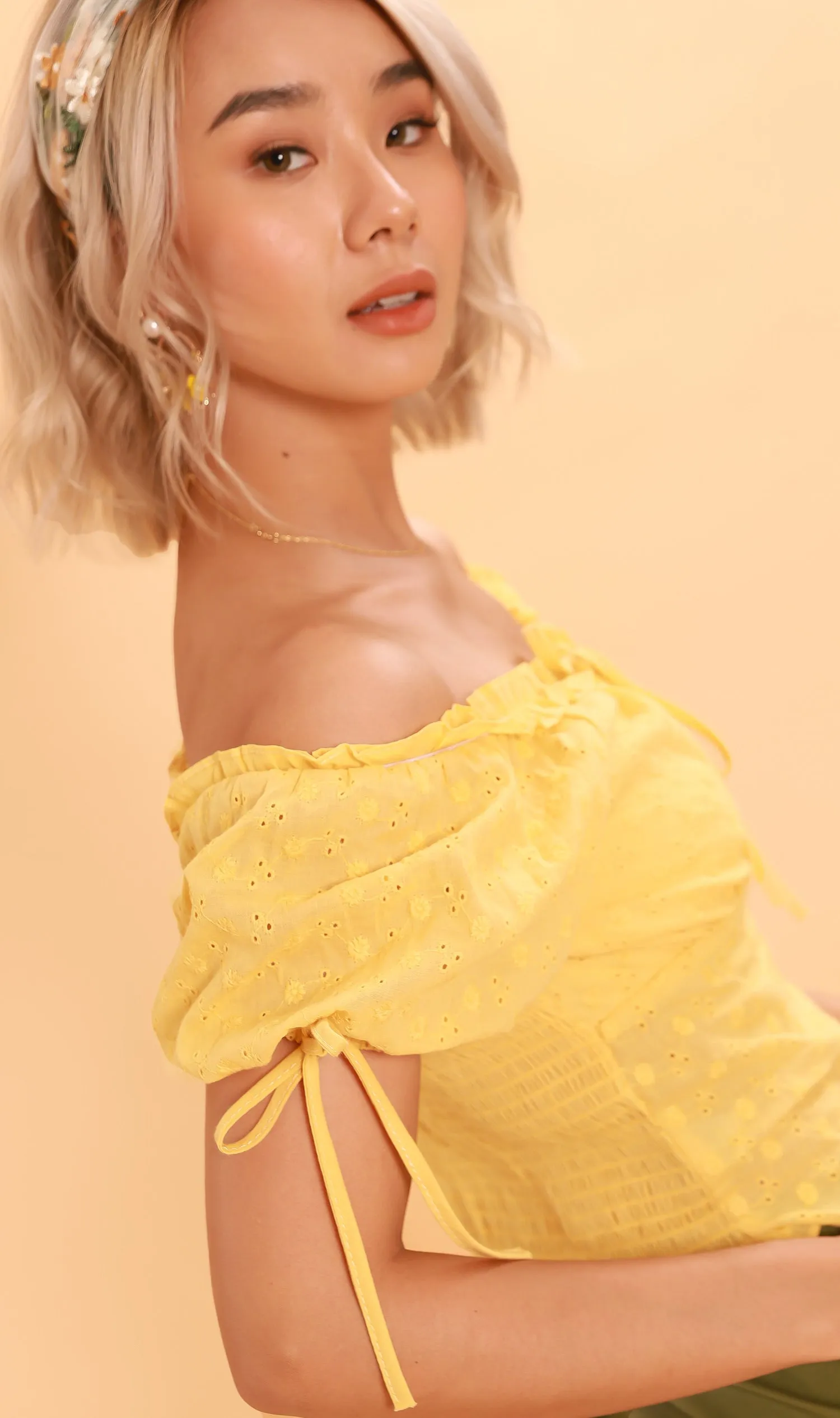 ELOISE Puff-Sleeve Eyelet Top (Yellow)