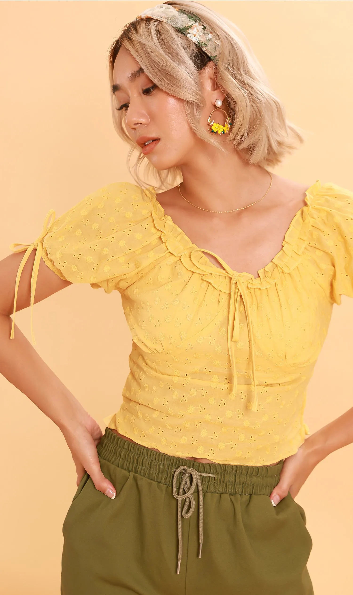 ELOISE Puff-Sleeve Eyelet Top (Yellow)