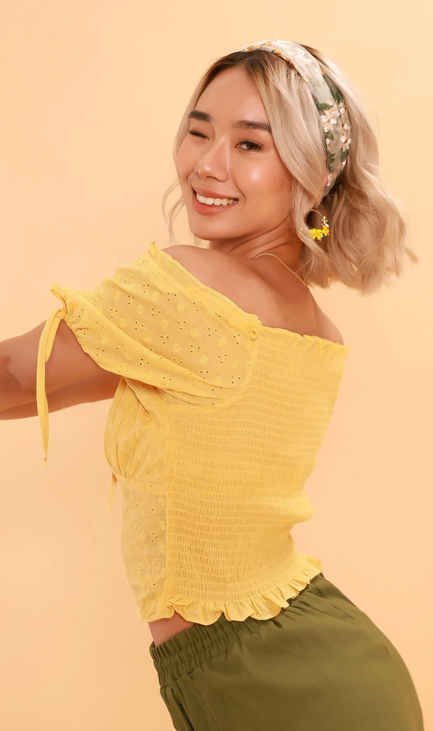 ELOISE Puff-Sleeve Eyelet Top (Yellow)
