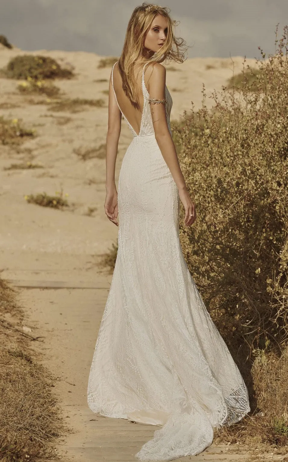 Elopement Sexy Mermaid Boho Full Lace Wedding Dress Floral Stunning Tropical Beach Deep-V Back Sweep Train Bridal Gown