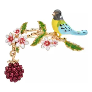 Enamel Bird on Berry Branch Floral Brooch