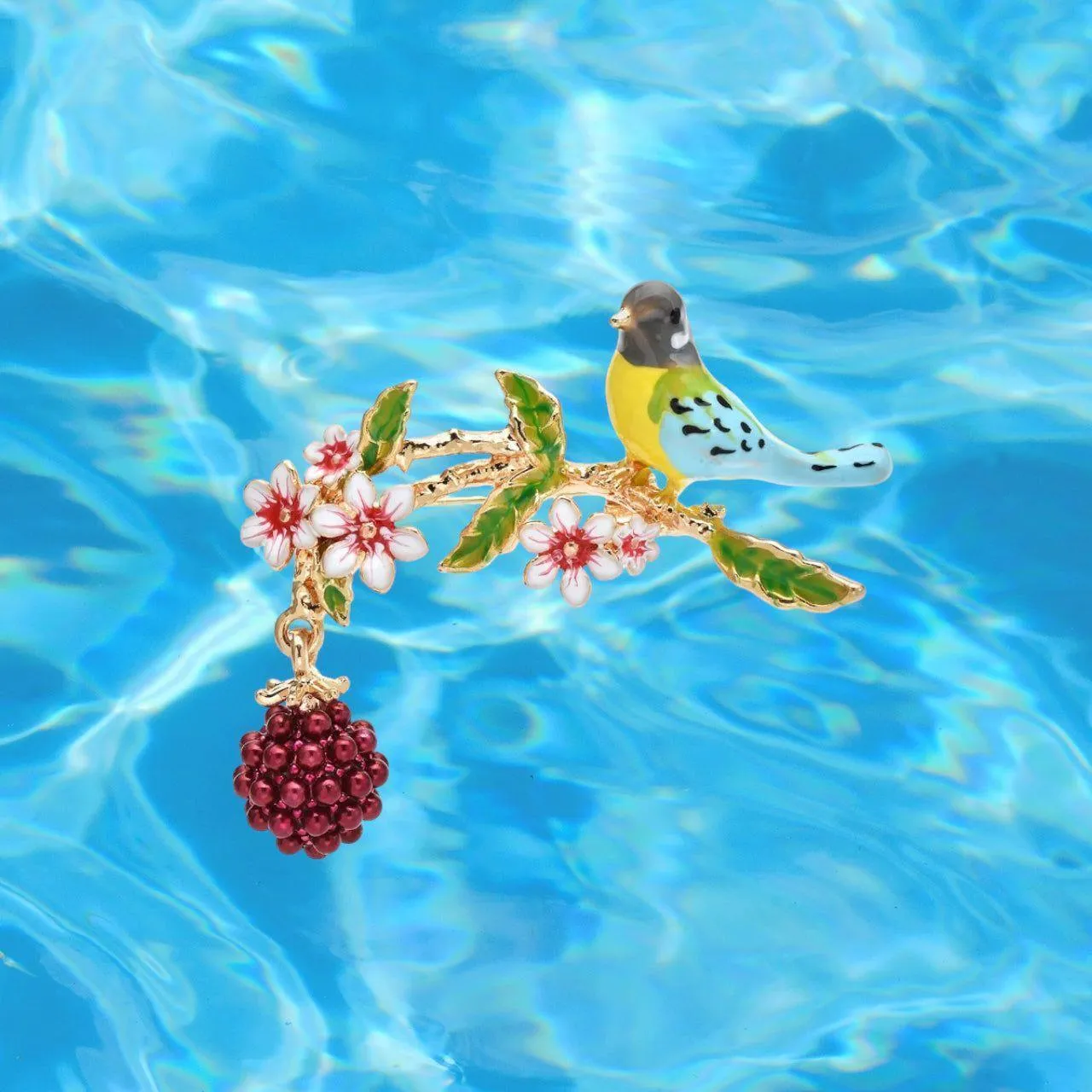 Enamel Bird on Berry Branch Floral Brooch