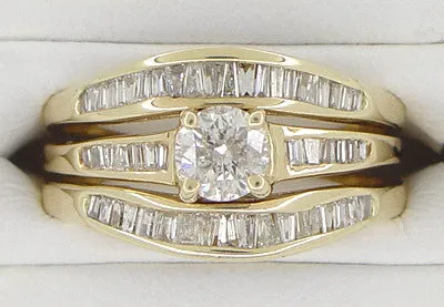 Estate Baguettes Diamond Engagement Ring and Double Hugger Wedding Set in 14 Karat Gold