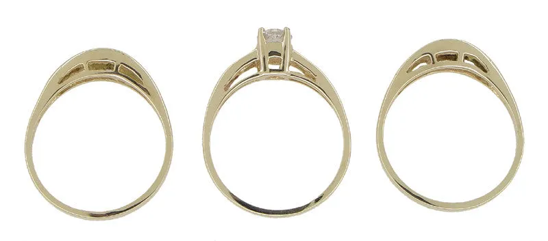 Estate Baguettes Diamond Engagement Ring and Double Hugger Wedding Set in 14 Karat Gold