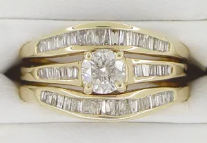 Estate Baguettes Diamond Engagement Ring and Double Hugger Wedding Set in 14 Karat Gold