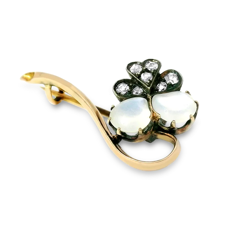 Estate Sterling Silver and 18k Yellow Gold Moonstone and Diamond Floral Brooch