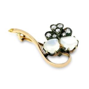 Estate Sterling Silver and 18k Yellow Gold Moonstone and Diamond Floral Brooch