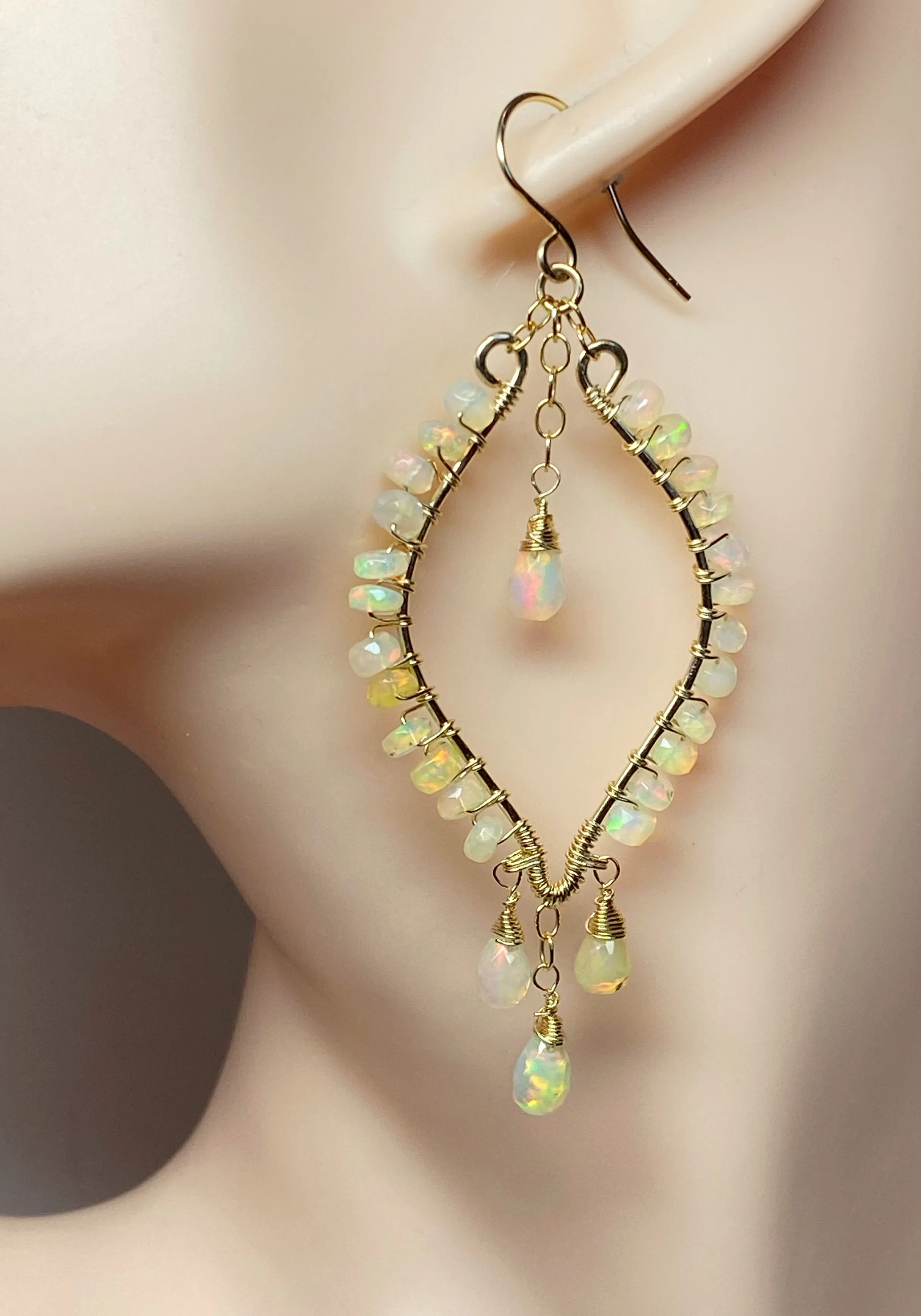 Ethiopian Opal  Hoop Chandelier Earrings, Gold Fill