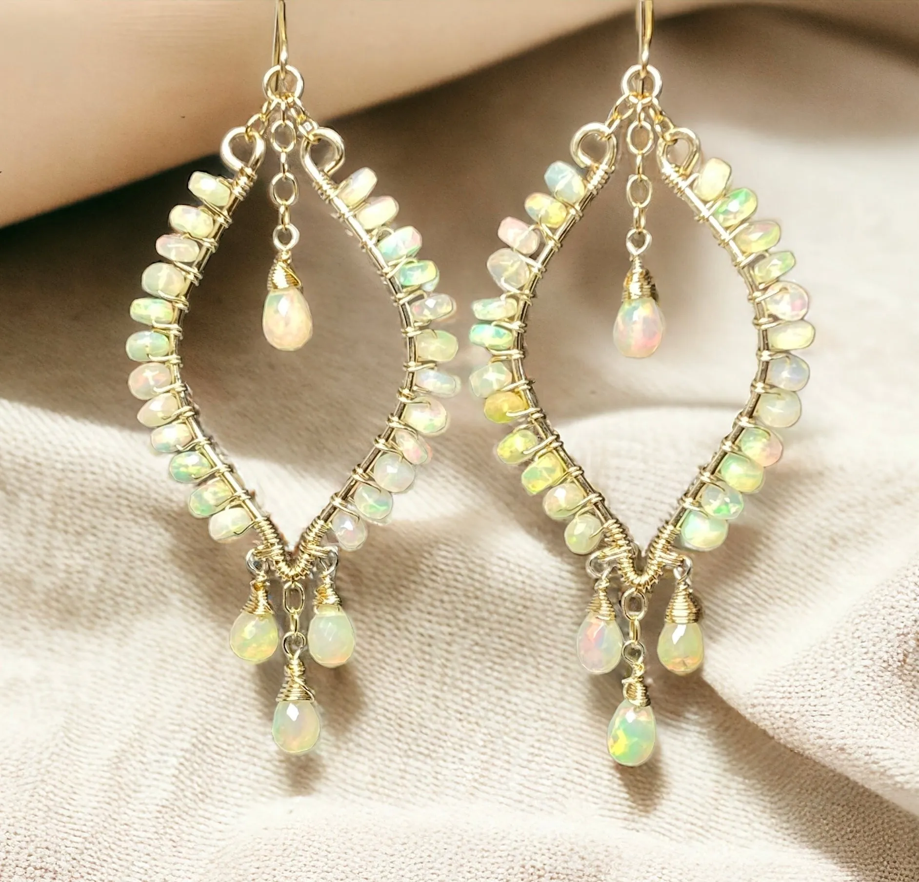 Ethiopian Opal  Hoop Chandelier Earrings, Gold Fill