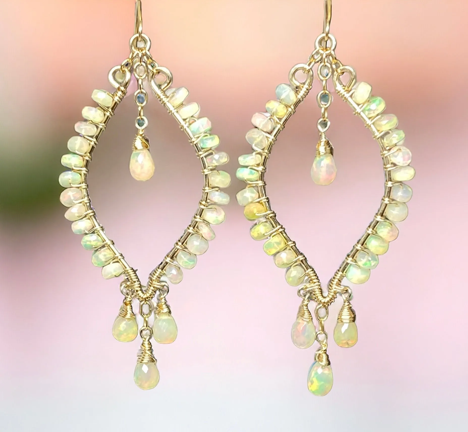Ethiopian Opal  Hoop Chandelier Earrings, Gold Fill