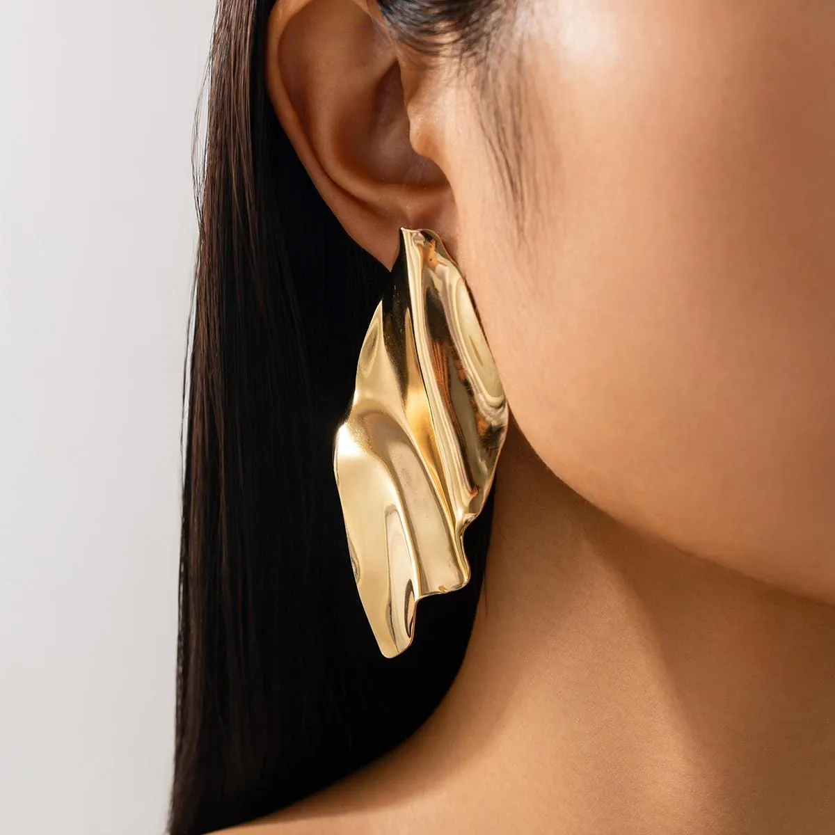 Exaggerated Abstract Pleated Leaf Stud Earrings