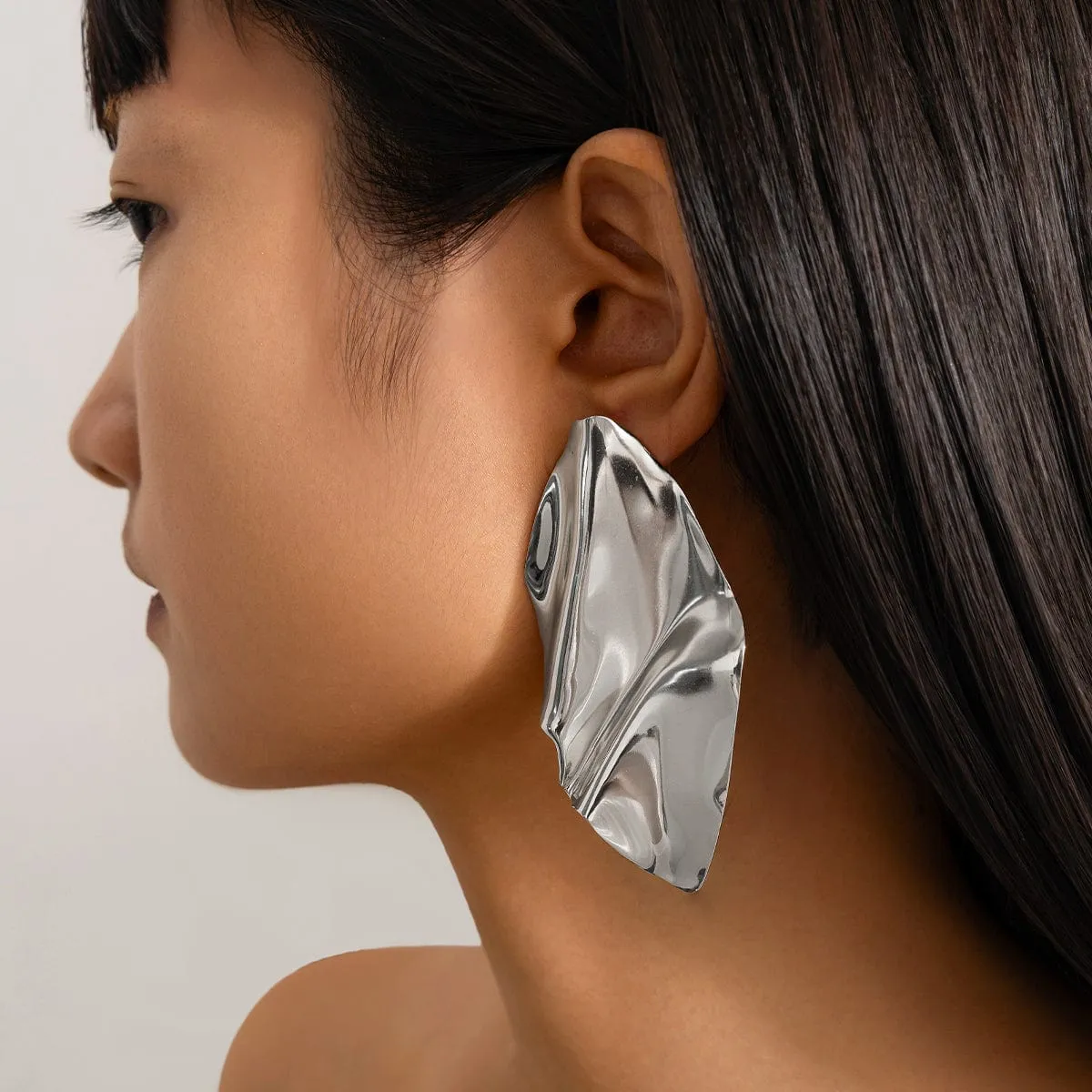 Exaggerated Abstract Pleated Leaf Stud Earrings