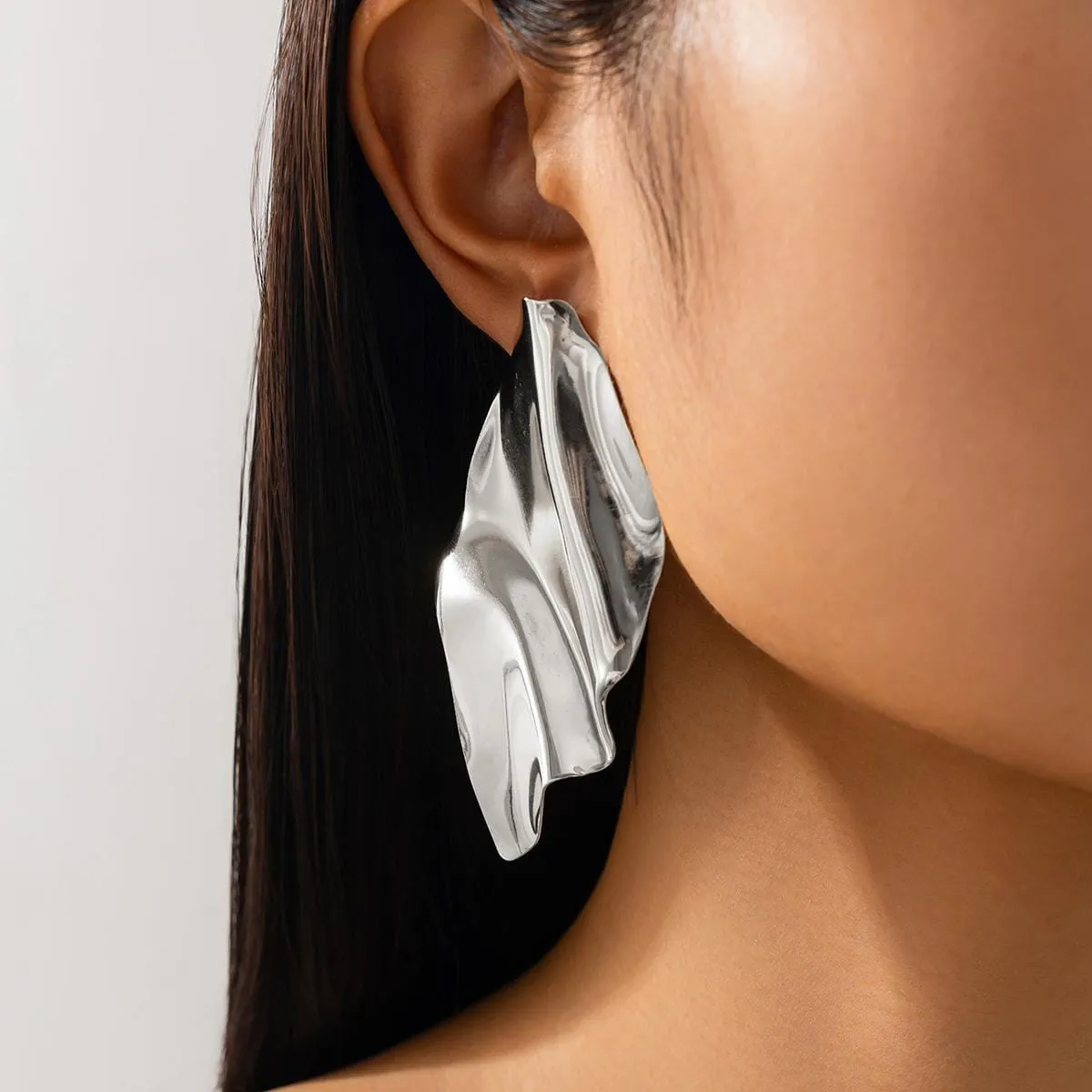 Exaggerated Abstract Pleated Leaf Stud Earrings