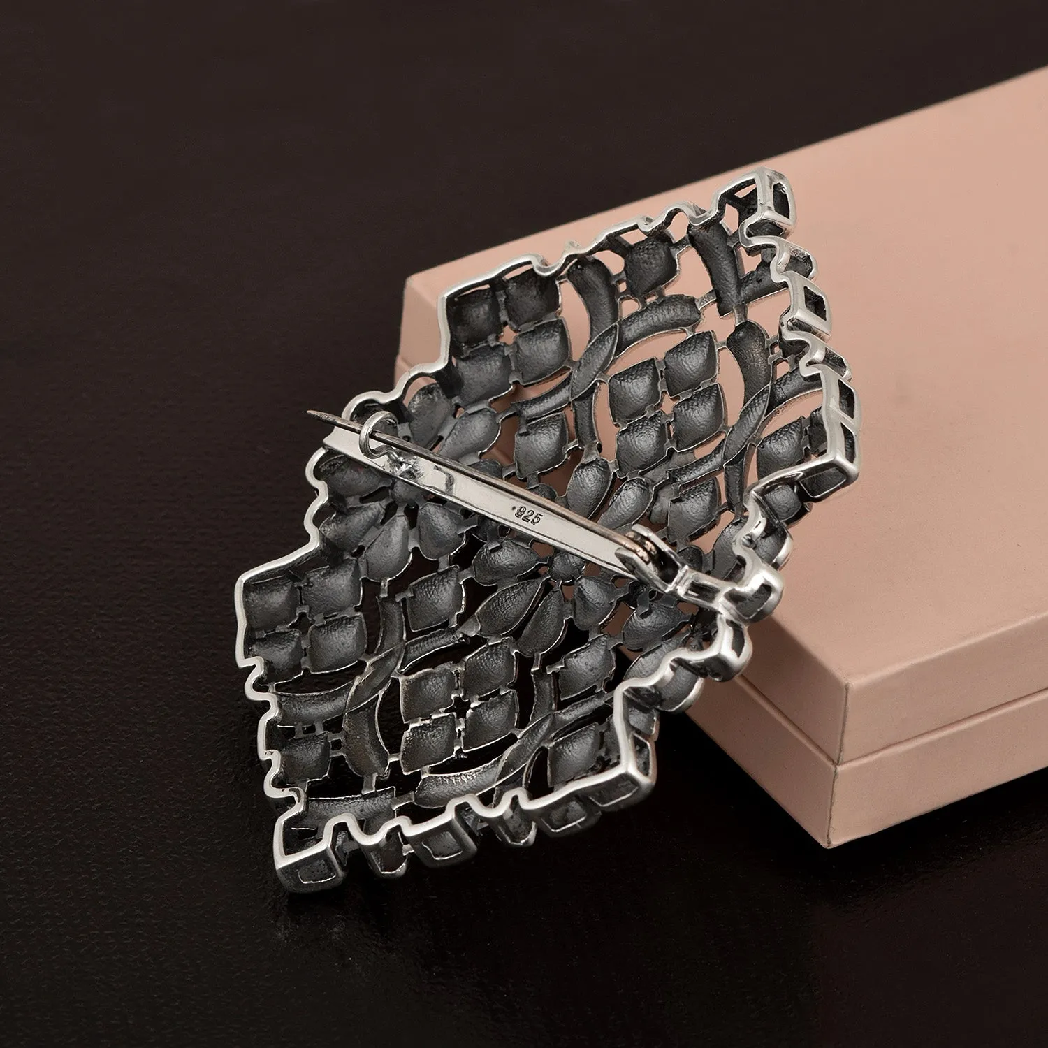 Exquisite Elegance: 925 Sterling Silver Floral Pentagon Shape Women Brooch Pin