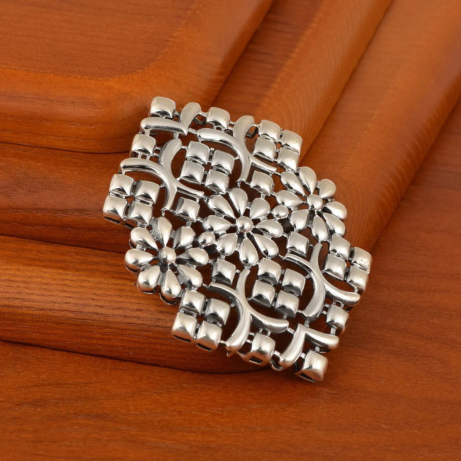 Exquisite Elegance: 925 Sterling Silver Floral Pentagon Shape Women Brooch Pin