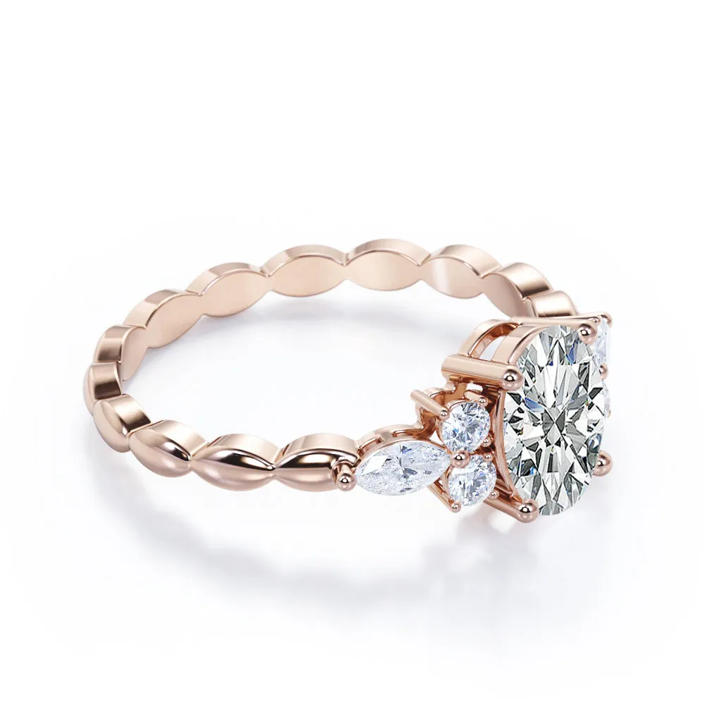 Exquisite Scalloped 1.1 carat Oval cut Moissanite diamond seven stone engagement ring in Rose gold