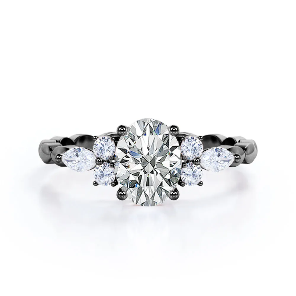 Exquisite Scalloped 1.1 carat Oval cut Moissanite diamond seven stone engagement ring in Rose gold
