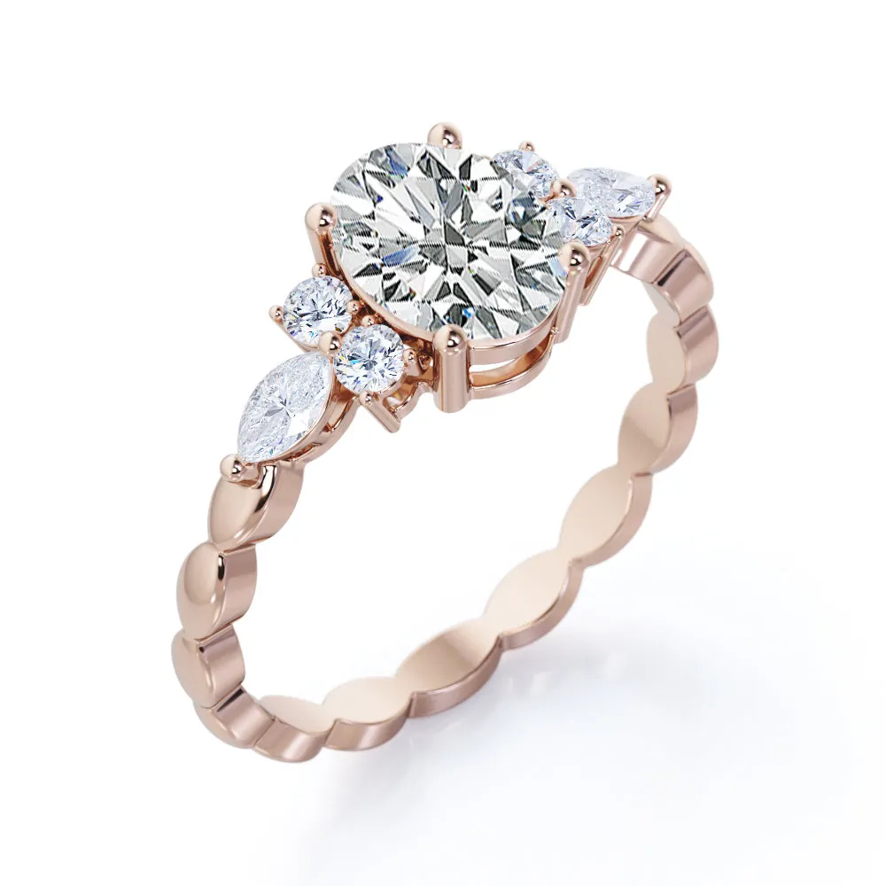 Exquisite Scalloped 1.1 carat Oval cut Moissanite diamond seven stone engagement ring in Rose gold