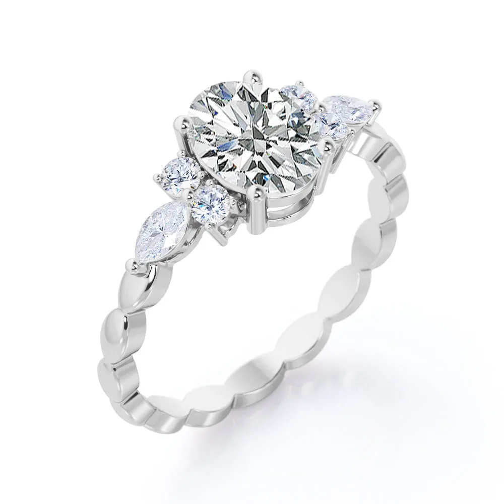 Exquisite Scalloped 1.1 carat Oval cut Moissanite diamond seven stone engagement ring in Rose gold