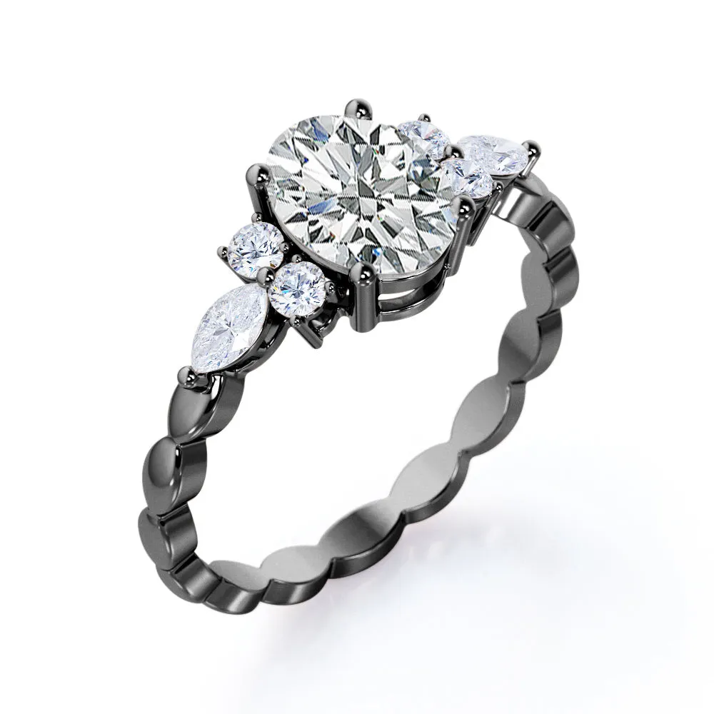 Exquisite Scalloped 1.1 carat Oval cut Moissanite diamond seven stone engagement ring in Rose gold