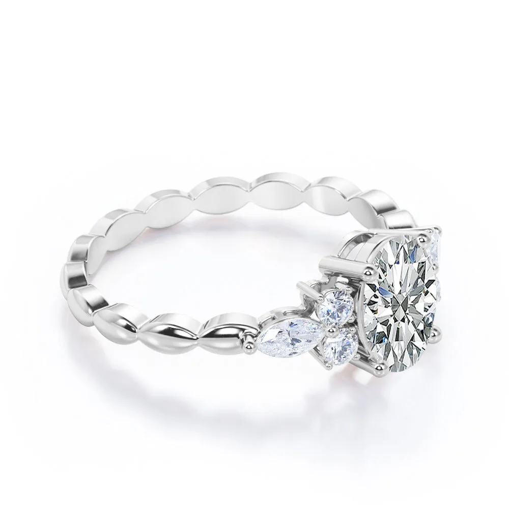 Exquisite Scalloped 1.1 carat Oval cut Moissanite diamond seven stone engagement ring in Rose gold