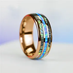 Fashion 8mm Rose Gold Color Tungsten Wedding Men Stainless Steel Rings Inlay Abalone Shell Blue Opal Rings Men Wedding Jewelry