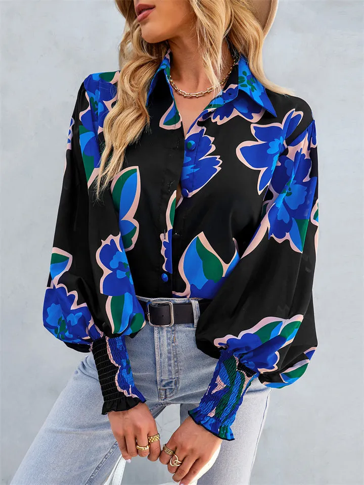 Fashion Floral Print Lapel Button Puff Sleeve Colorful Blouses for Office Ladies