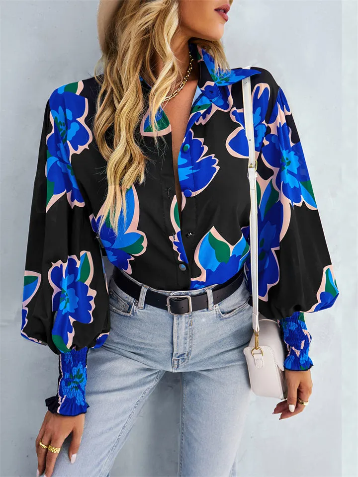 Fashion Floral Print Lapel Button Puff Sleeve Colorful Blouses for Office Ladies