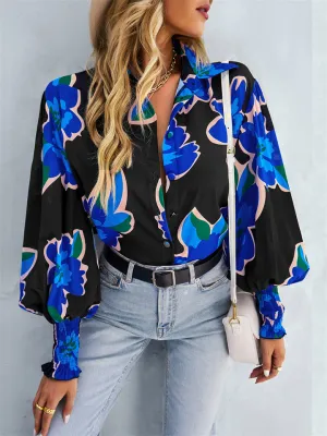 Fashion Floral Print Lapel Button Puff Sleeve Colorful Blouses for Office Ladies