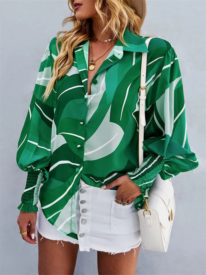 Fashion Floral Print Lapel Button Puff Sleeve Colorful Blouses for Office Ladies
