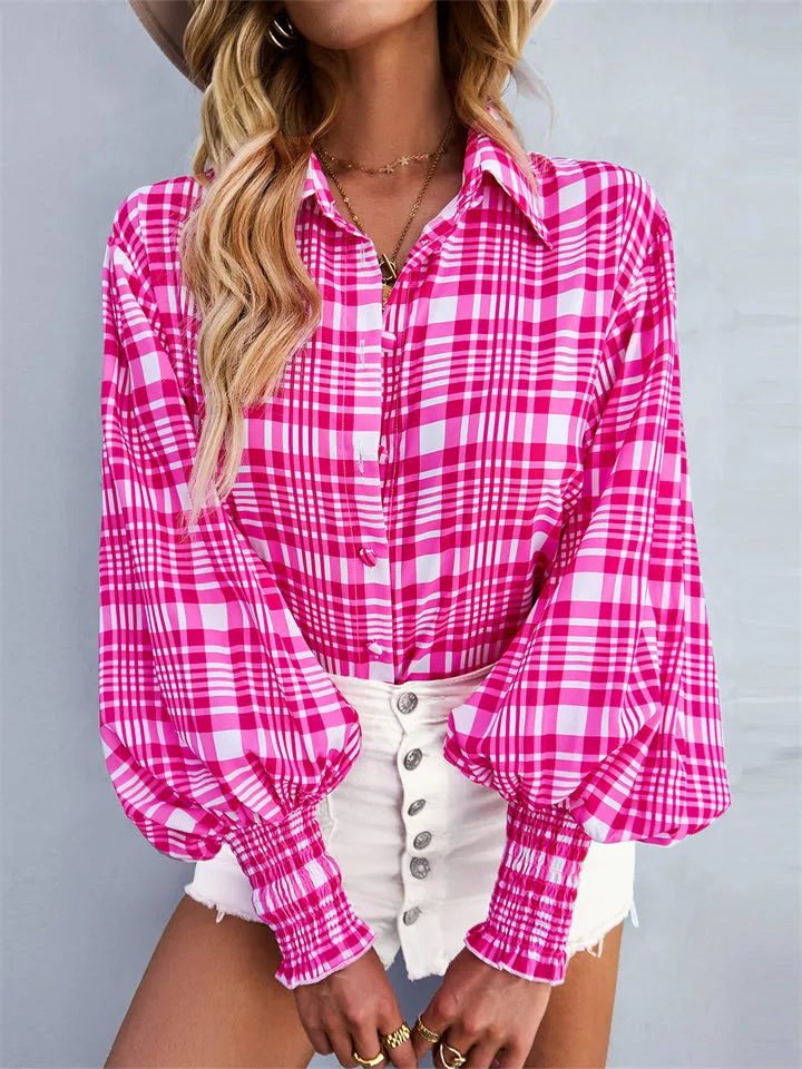Fashion Floral Print Lapel Button Puff Sleeve Colorful Blouses for Office Ladies
