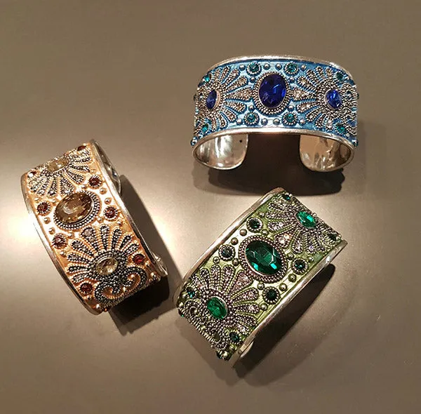Fashion 'Small Wrist' Bangle w/Crystals in Amber, Green, or Blue Color (see drop-down)