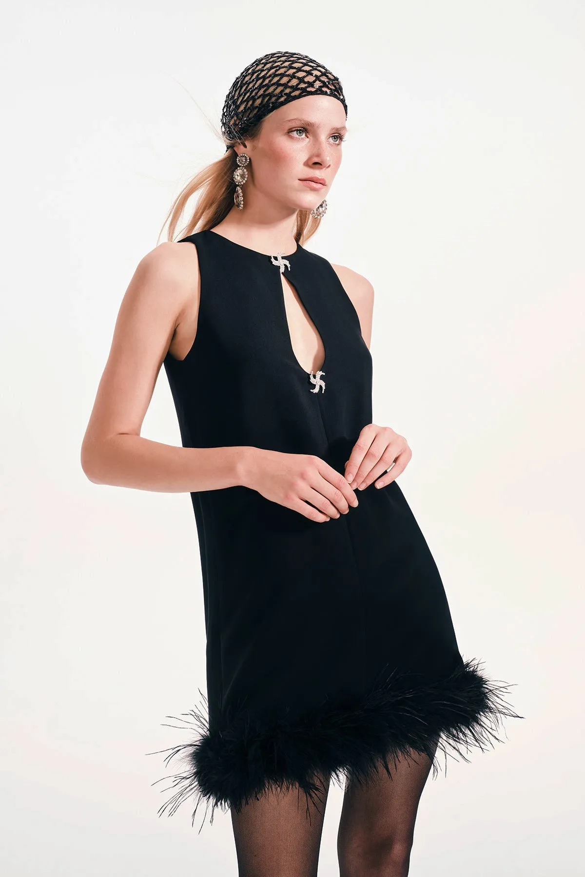 Feather-trimmed Mini Crepe Dress