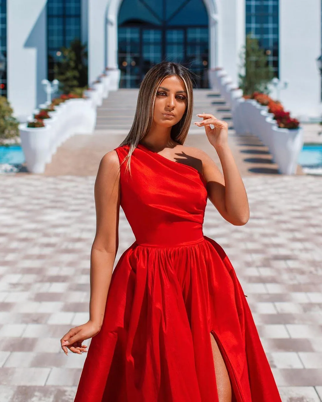 Festival Red A Line Long Prom Dresses Side Split