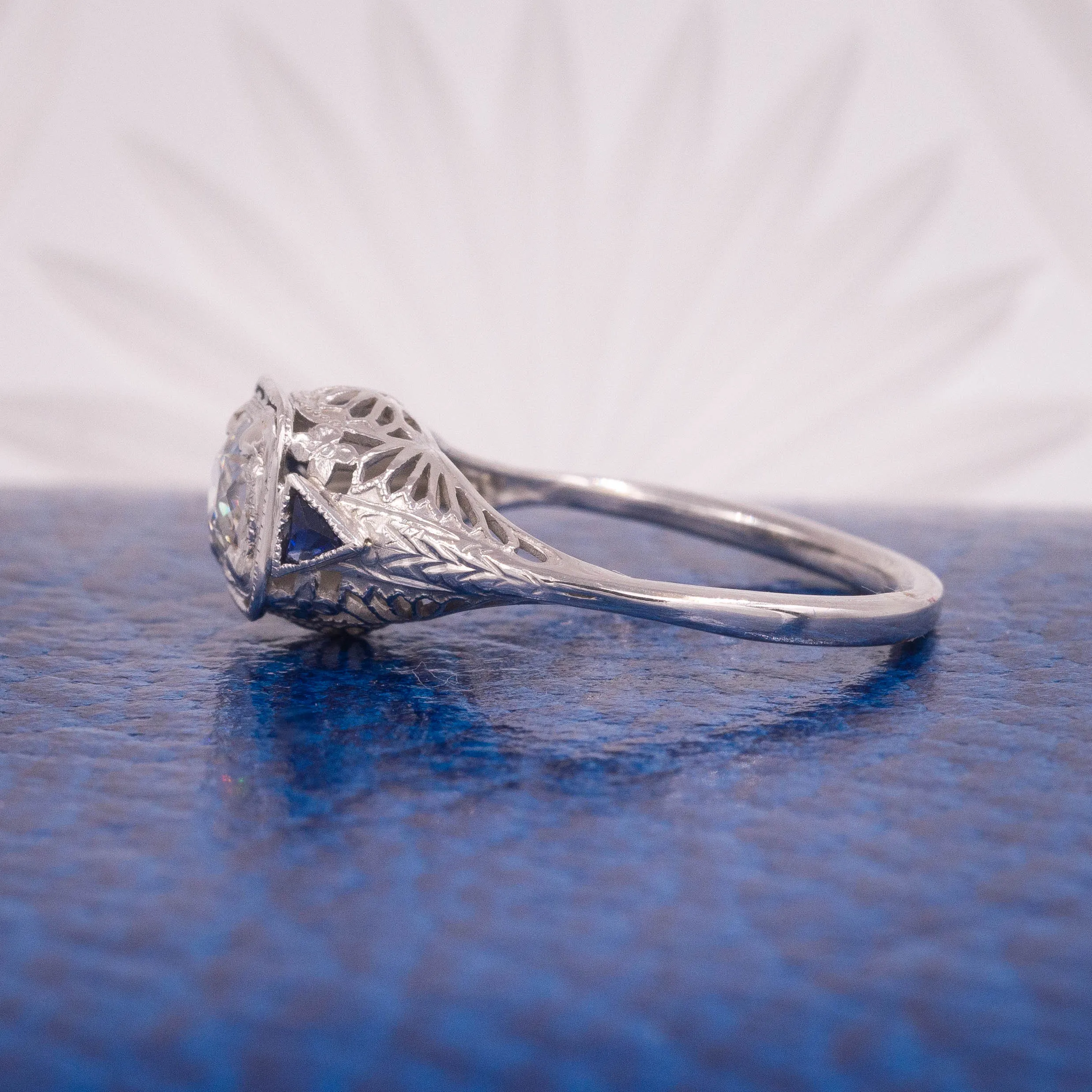 Filigree Diamond Ring with Sapphire Accents c1920