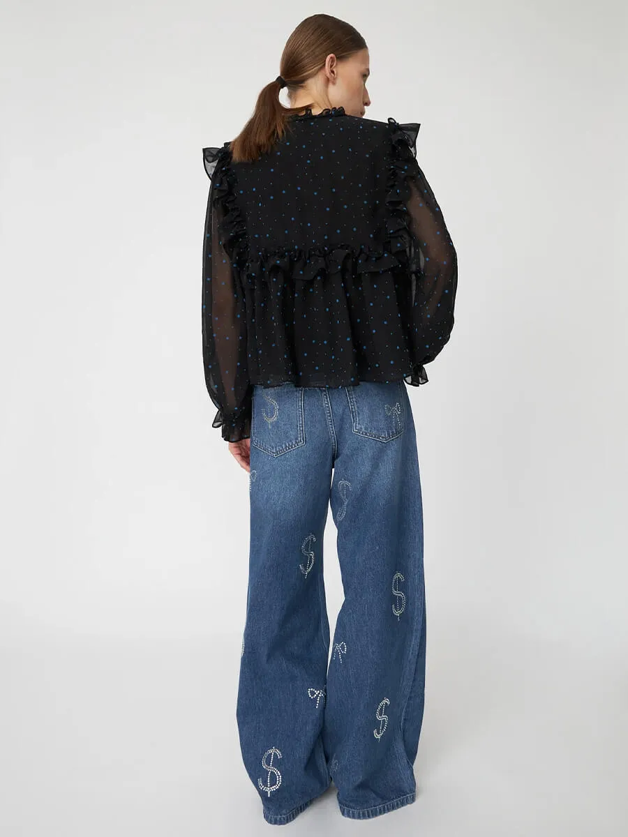 Flock Printed Flounce Blouse - Black/Blue
