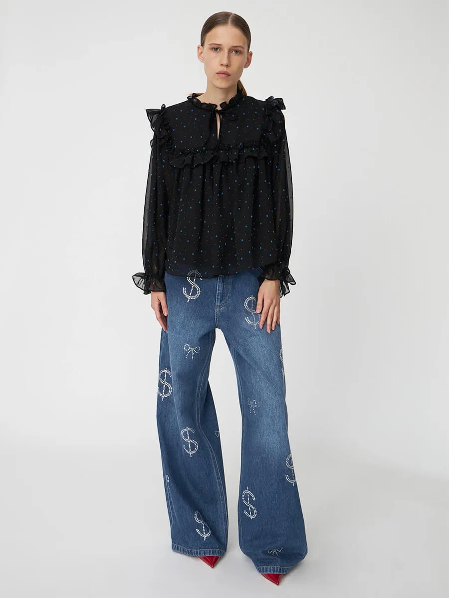 Flock Printed Flounce Blouse - Black/Blue