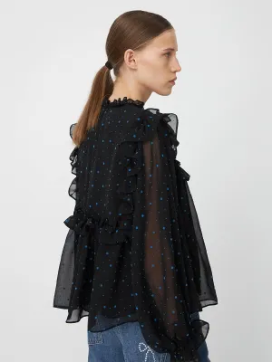 Flock Printed Flounce Blouse - Black/Blue