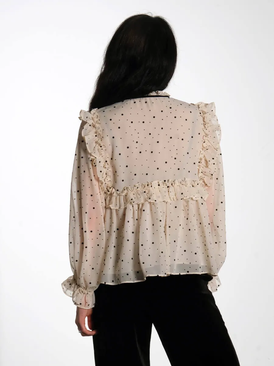 Flock Printed Flounce Blouse - Creme/Black