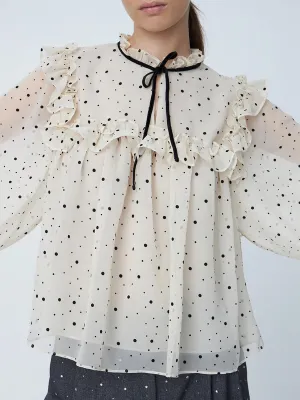 Flock Printed Flounce Blouse - Creme/Black