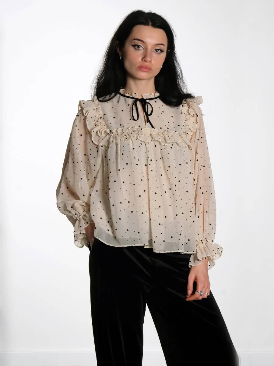 Flock Printed Flounce Blouse - Creme/Black
