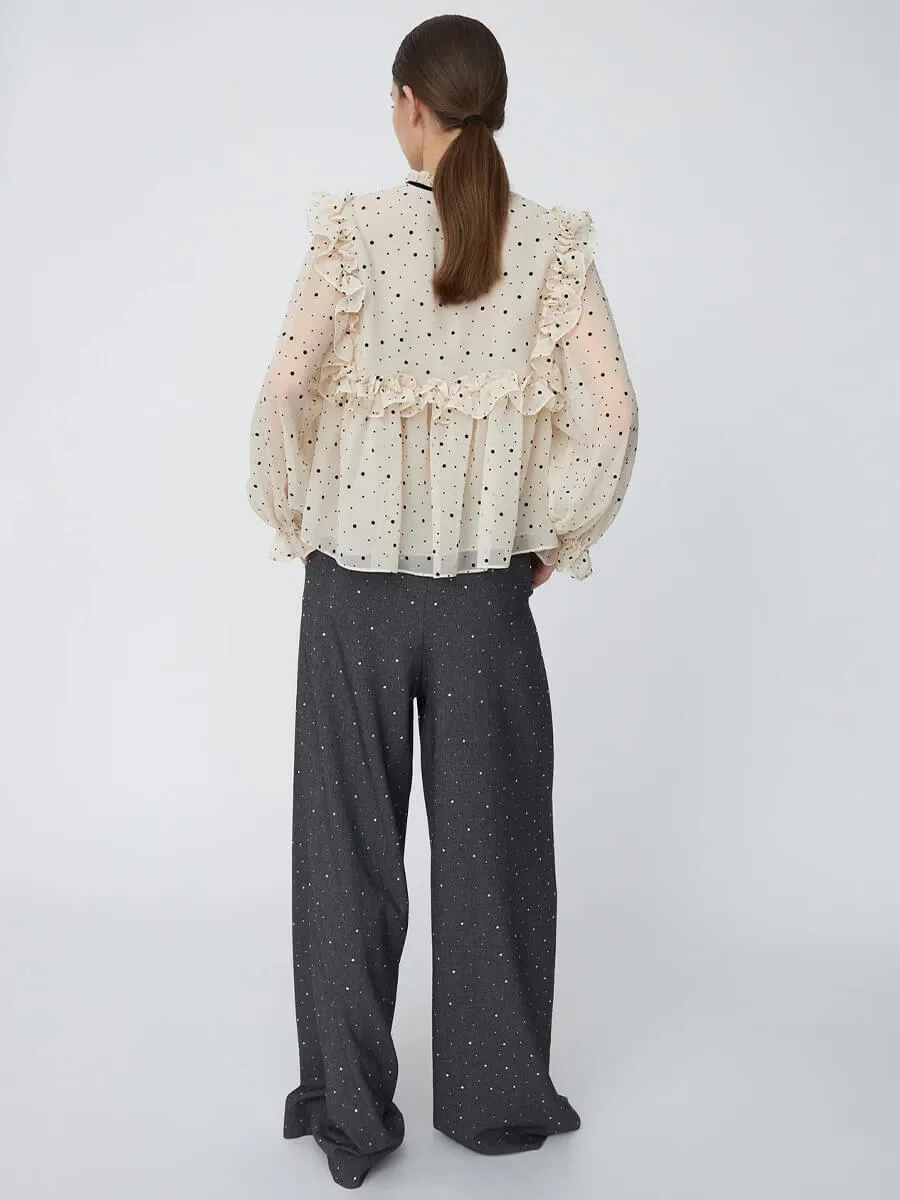 Flock Printed Flounce Blouse - Creme/Black
