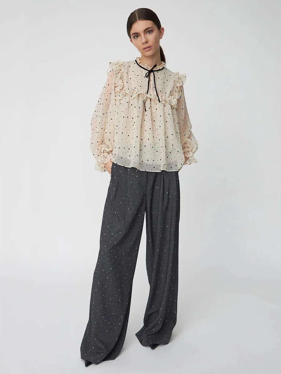 Flock Printed Flounce Blouse - Creme/Black