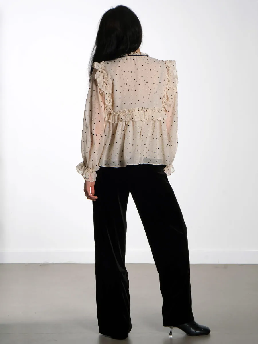 Flock Printed Flounce Blouse - Creme/Black