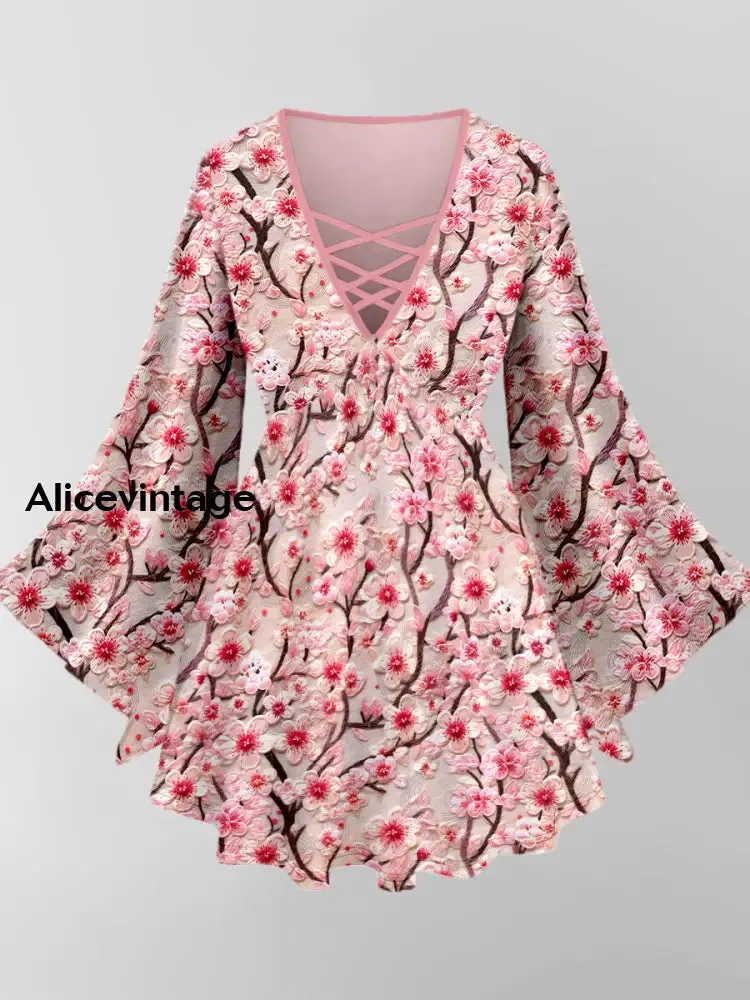 Floral Art Print V-Neck Long Sleeve Top
