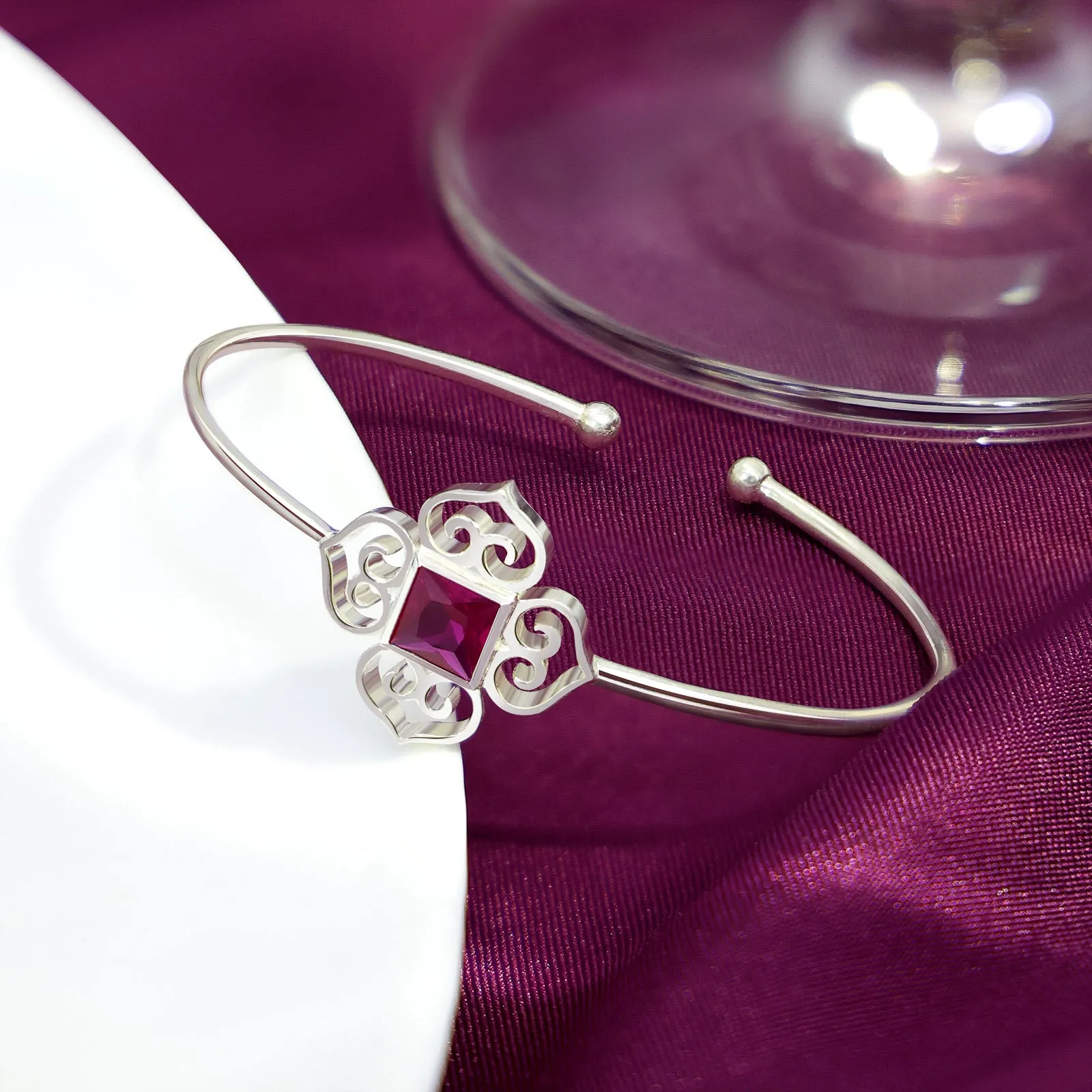 Floral Design with Ruby Stone Pure Sterling Silver Bracelet