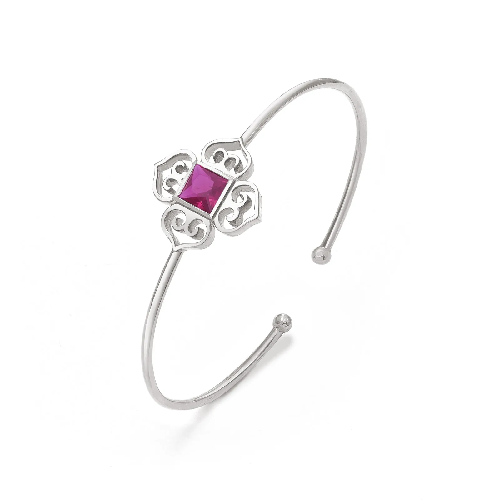 Floral Design with Ruby Stone Pure Sterling Silver Bracelet