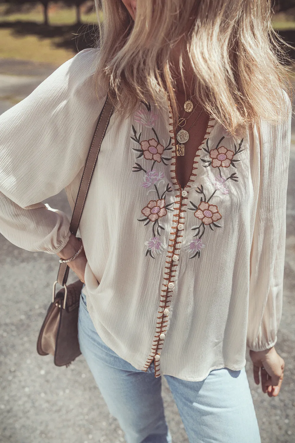 Floral Embroidered Textured Loose Shirt